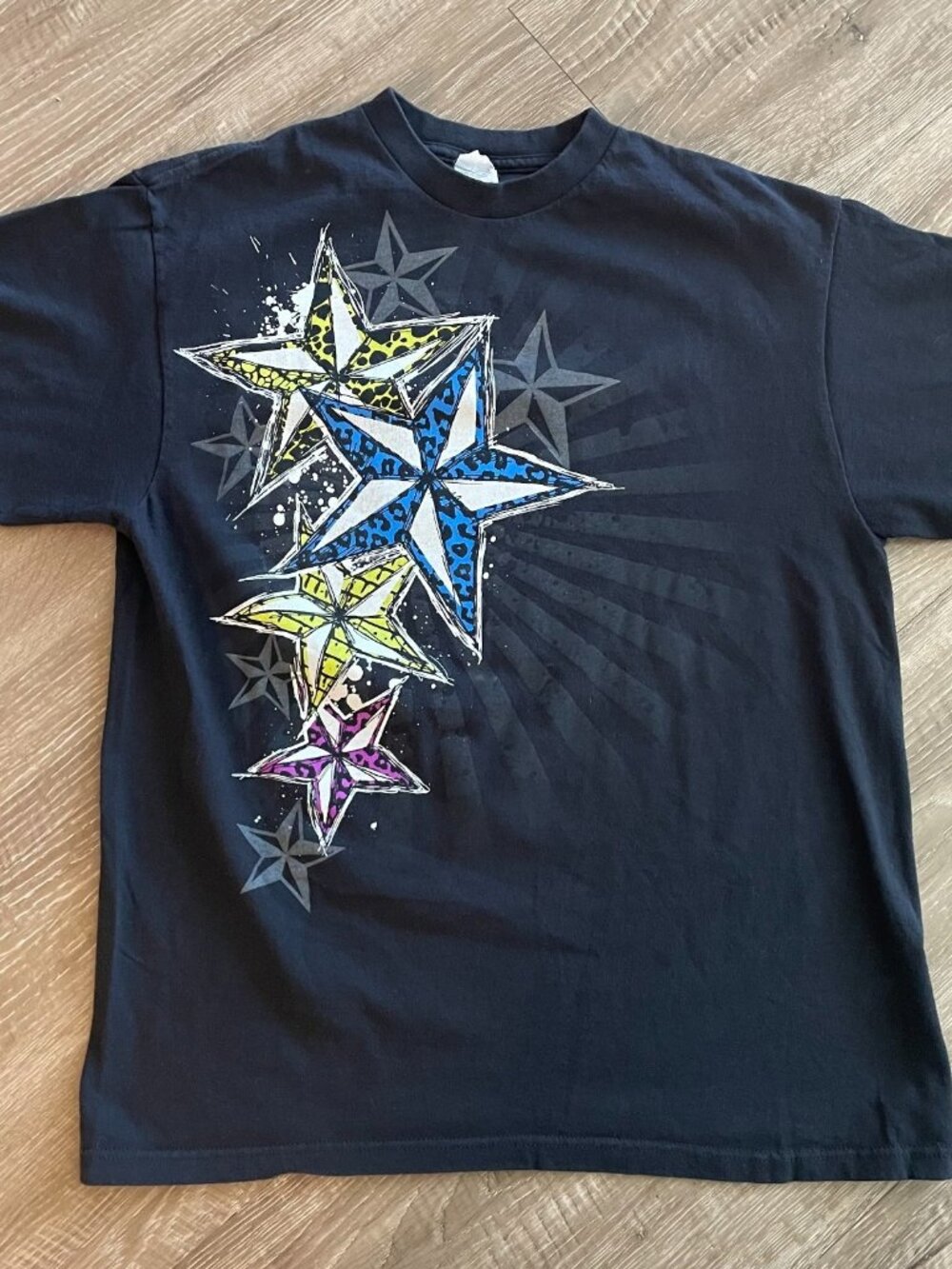 Vintage 2000s Y2K Era T-Shirt Men's Size L Black Multicolored Stars Pre-owned